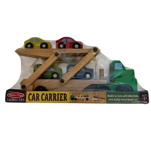 Melissa & Doug NEW Green Wooden Car Carrier with Colorful Cars